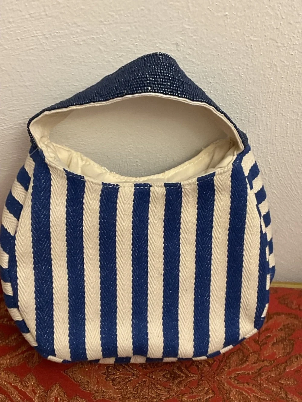 NWT Sardines Micro Beaded Blue White striped canvas Bag